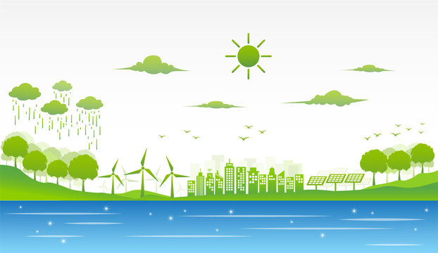 Eco Friendly And Enviromental Green City, Sustainable Development Concept, Vector Illustration