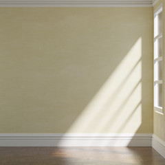 The empty room, A yellow wall with light shining  from the window - 3D Rendering