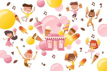 Store fronts ice cream shop, vector illustration. Happy little children in hand cold sweet on stick and cone. Character boys and girls jumping next to pink building, showcase with ice cream.