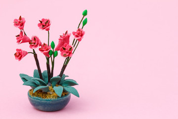 Artificial  orchid flowers made of modeling clay on pink background. Florist services concept. Ikebana.