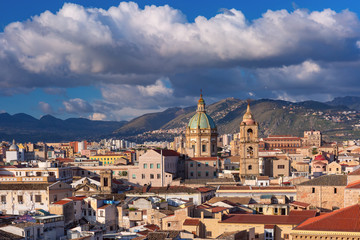 Beautiful aerial view of sunny Palermo with Church of Saint Mary of Gesu in the morning, Sicily, Italy