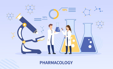 Pharmacology laboratory with scientists doing tests, experiments and research with microscope and beakers, colored vector illustration with text