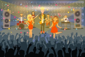 Fototapeta na wymiar People musicians perform at concert in front public, vector illustration. Music group receive award on stage, famous singer character achieved fame. Indoor musical instruments and large speakers.
