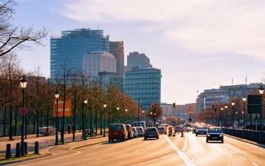 Street with car traffic and modern architecture in Potsdamer Platz reflex