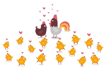 Animal chicken, rooster and yellow little chicks, farm collection vector illustration. Breeding poultry, animal with beak and thin legs. Cartoon chicken offspring, feathered flightless creature.