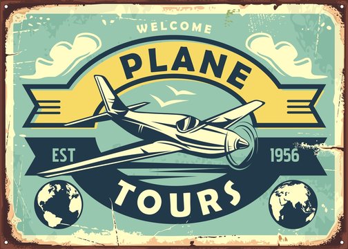 Air transport vintage metal sign with airplane , clouds and earth globe. Plane tours travel destinations promotional poster advertisement. Transportation and vacation retro vector image.