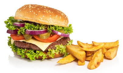 Big  burger with french fries isolated on white background.