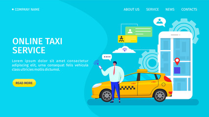 Online taxi service application, webpage vector illustration. Ordering transport car, location on map technology. Man customer character waiting taxi, smartphone show his location on screen.