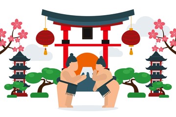Sport type for fat people, vector illustration. Sumo wrestlers facing each other, large body weight for martial arts banner. Japanese sport, traditional pagada building, lamp and blooming sakura.