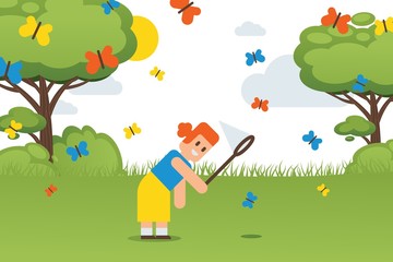 Obraz na płótnie Canvas flat easter kids, free time for holidays vector illustration. girl character walk with butterfly net in park, on meadow she catch colorful butterflies. hobby outside, child exploring nature.