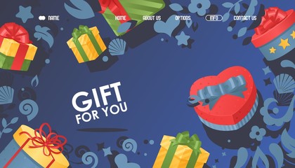 Gift for you, box with bow vector illustration. Internet page for order making present in wrapping paper to holiday. Landing banner with attributes any holiday, anniversary gift, birthday.