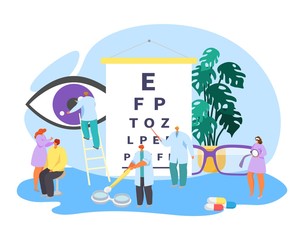 Ophthalmology clinical eye care, vector illustration. Sight correction and diagnostic, testing equipment. Vision examination table, doctor check patient eye, prescribe lenses and glasses.