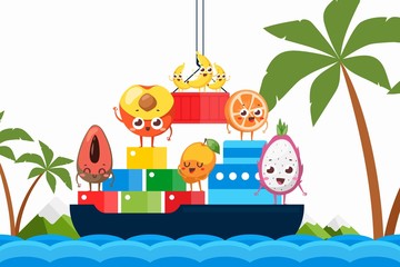 Import tropical fruits on ship by ocean vector illustration. Natural products, peach, avocado, apricot stand on boxes for transportation. Transportation banana, orange and pitaya banner.