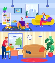 Parents play and study with children, vector illustration. Family spending time together at home, father have fun with kids on carpet, and help on with homework, mother sitting on couch.