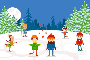 Naklejka premium Flat kids ice skating on frozen lake, vector illustration. Boys and girls in warm clothes actively spend their free time outside in winter. Figure skating and hockey game in frosty weather.