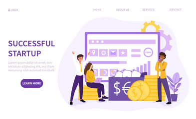 Succesfull business startup concept with multiracial team working in front of a big screen and stacked gold coins, colored vector illustration with copy space for text