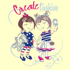 Fototapeta na wymiar Beautiful little girls vector character illustration. Create fashion collection