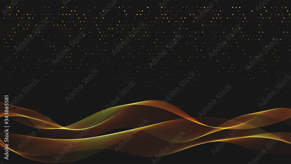 Poster Abstract black background with golden light waves. Vector abstract shiny color gold waves design element on dark background. Vector illustration. Template luxury design.