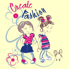 Pretty little summer girls vector character illustration. Create fashion collection