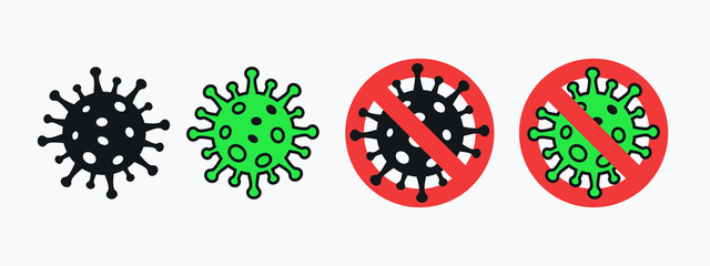 Coronavirus icons set with virus cell and red prohibit sign. Novel Coronavirus Bacteria Covid-19. Stop coronavirus concept. Isolated Coronavirus cell. Vector sign