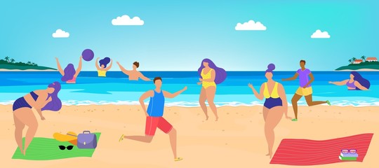 People have fun at beach, vector illustration. Holiday vacation at sea resort, sun sea shore with character man and woman. Summer resting, swimming, having sunbed, play ball with friends.