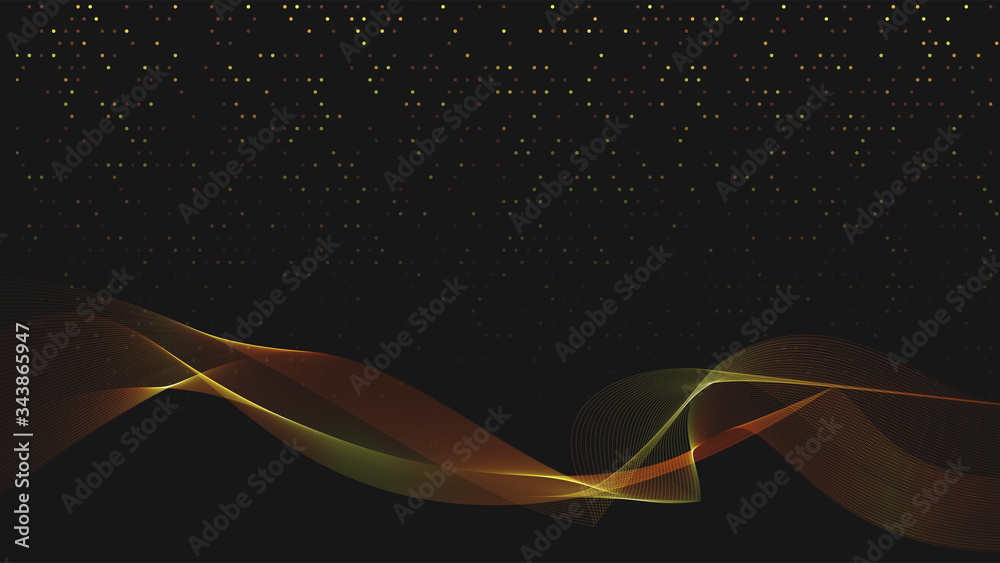 Poster Abstract black background with golden light waves. Vector abstract shiny color gold waves design element on dark background. Vector illustration. Template luxury design.