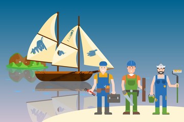Repairs old ships in bottles, vector illustration. Team character builders in work clothes standing with tools near object with leaky sail. Boat on crystal clear water, cartoon reflection.