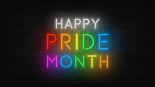 Happy Pride Month Neon LGBT Symbol. Realistic Bright Neon Sign Of Pride Community. Holiday Banner With Glowing Text. Vector Illustration. Human Rights And Tolerance.