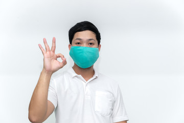 Portrait of man wear protect mask on white background,Wearing face mask for prevent COVID-19 Pandemic Coronavirus,worker with medical mask for against and stop coronavirus