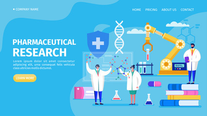 Pharmaceutical research in laboratory, landing vector illustration. Medical chemical experiment, work with dna, molecules innovate graph. Modern technology robot and people doctor, scientist.