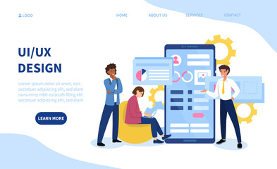 UI or UX design template for business showing a diverse team sharing ideas and collaborating in the design of a user interface on a mobile device, colored vector illustration