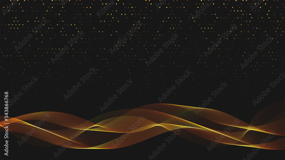 Aufkleber Abstract black background with golden light waves. Vector abstract shiny color gold waves design element on dark background. Vector illustration. Template luxury design.