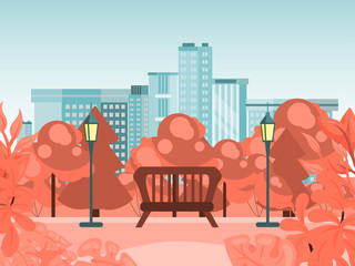 Autumn city park, bench in fall outdoor garden, flat vector illustration. Quiet national reserve. Design city background, arrival winter leaf fall, lovely peaceful place urban landscape.