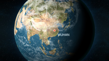 3D illustration depicting the location of Wuhan, the capital of province Hubei, China, on a globe seen from space. Wuhan is known for the 2019 and 2020 coronavirus outbreak.