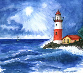 Сliff red and white lighthouse