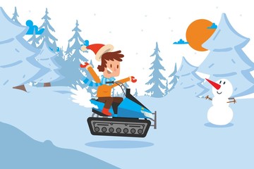 Tracked result happy child descend on snowy mountain slope vector illustration. Boy character in warm clothes spend his free time in winter outside. Childrens games in cold season.