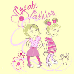 Pretty little fashion girls vector character illustration