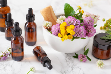 Fototapeta na wymiar medical flowers herbs in mortar essential oils in bottles. alternative medicine. clover milfoil tansy rosebay