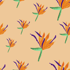 Tropical orange strelitzia on orange background. Seamless summer pattern. Elegant print. Packaging, wallpaper, textile, fabric design