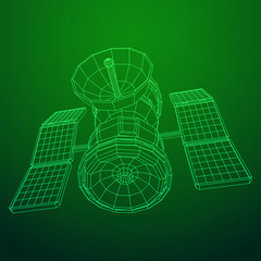 Space station communications satellite. Wireframe low poly mesh vector illustration.