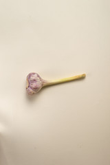 Young garlic with a stem on a light background. Vertical orientation. The concept of minimalism.