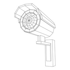 Modern video camera. Webcam viewing area. Safety, security concept. Wireframe low poly mesh vector illustration.