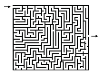 maze or labyrinth game, vector lines, find the way, enter and exit, puzzle game, black outline isolated on white background with arrows