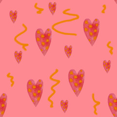 Aquarelle hand made pattern with hearts for fabric print, paper card, textile. Valentine's day, Birthday, Love