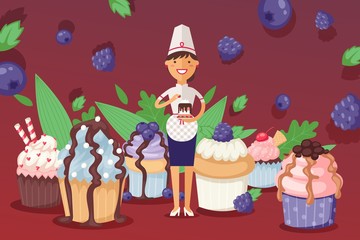 Naklejka premium Happy pastry chief people in cap vector illustration. Woman stands in midst many cupcakes decorated with fondant banner. Character chef holds cake in hand, puts strawberries on top.