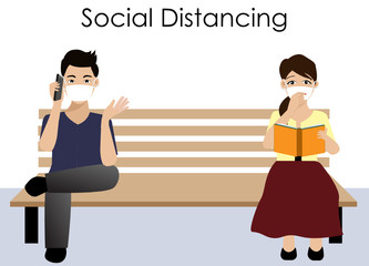 Social Distancing. Man and woman wearing surgical face mask sitting on park bench keeping distance to protect spreading from COVID-19 corona virus. Idea for COVID-19 outbreak,prevention and awareness.