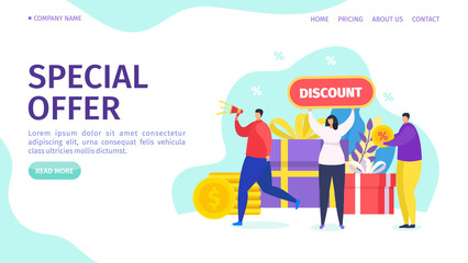 Special offer sale webpage, vector illustration. Discount on store product, shopping promo advertising and goods lower price. Worker character near large present boxes and gold cartoon coin.