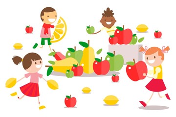 Boys and girls happy for fresh import fruit icons vector illustration. Children character smiling, running around with lemon, apple in hand. Colorful cartoon ripe fruits, pear, citrus.