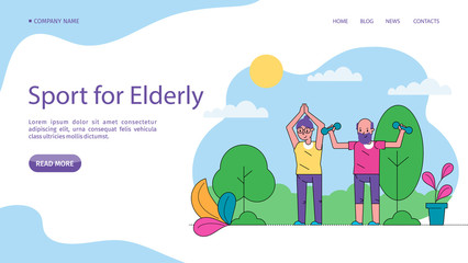 Eldery sport people, active senior vector illustration site. Activity lifestyle, enhances health and wellness. Elderly woman man couple doing exercises in fresh air, retirement training.