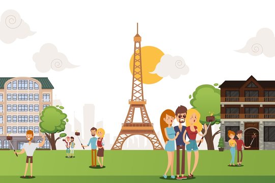 People take selfie amid sights outside vector illustration. Men and women take photos by smartphone on long selfiestick, high cartoon eiffel tower. Character capture trip on shared photo.